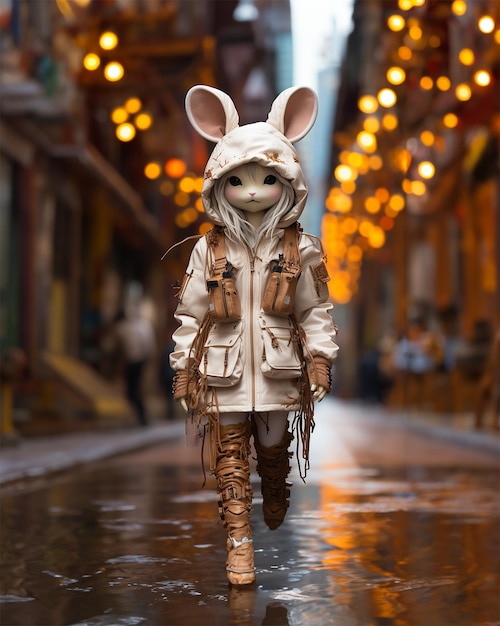 Bunny's Urban Adventure A Blend of Plush Doll Art and Artistic Influence in a Vibrant Street Scene