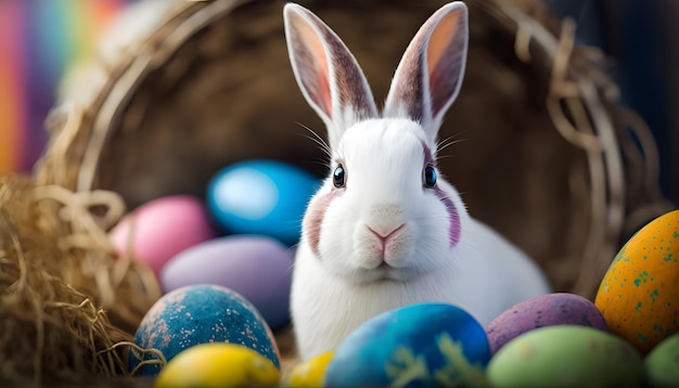 A bunny sits in a basket of colorful eggs.