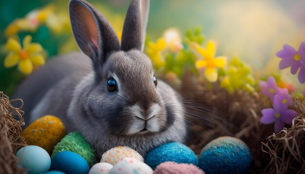 A bunny sits in a basket of easter eggs.