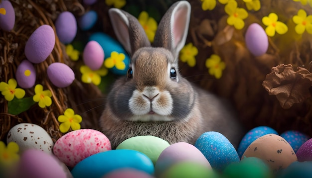 A bunny sits in a basket of easter eggs.