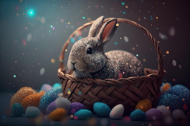 A bunny sits in a basket with colorful eggs.