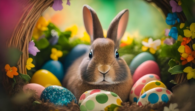 A bunny sits in a basket with easter eggs