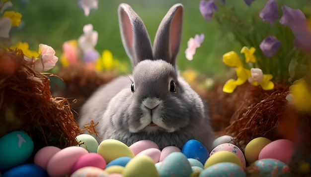 A bunny sits among colorful easter eggs in a basket.