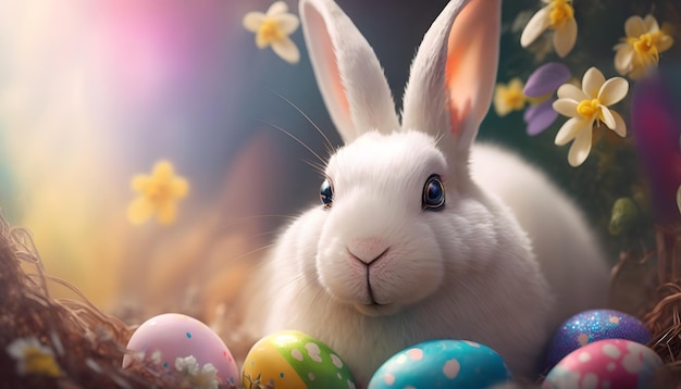 A bunny sits among colorful easter eggs in a field