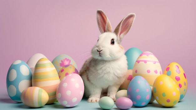 A bunny sits among colorful easter eggs pink background