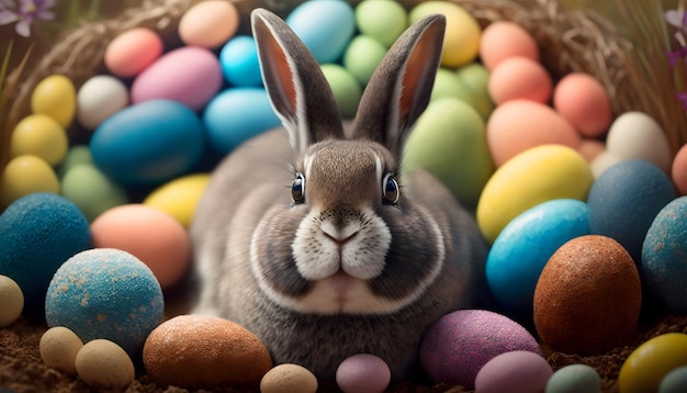 A bunny sits among colorful easter eggs.