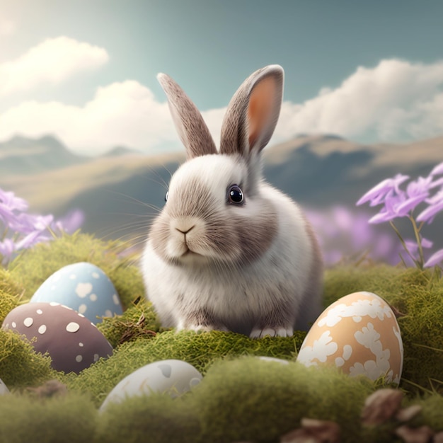 A bunny sits among colorful eggs in a field with mountains in the background.