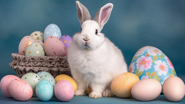 A bunny sits among easter eggs and a basket of easter eggs