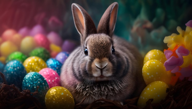 A bunny sits among easter eggs in a basket