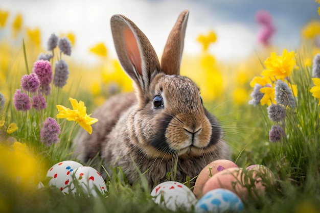 A bunny sits among easter eggs in a field