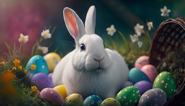 A bunny sits among easter eggs in a field