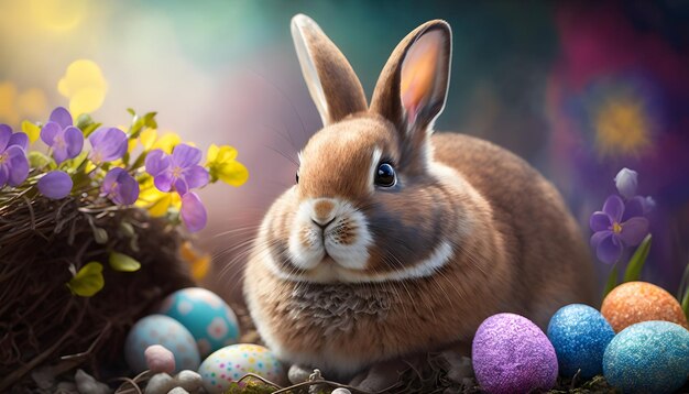 A bunny sits among easter eggs and flowers