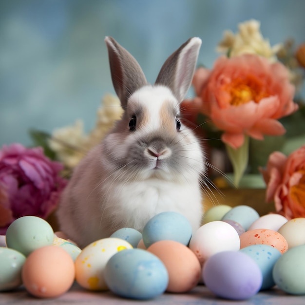 A bunny sits among easter eggs and flowers.