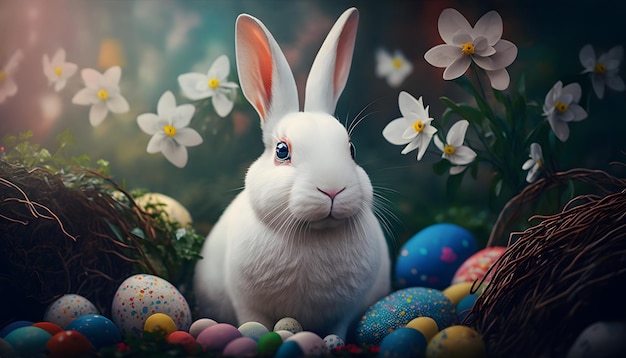 A bunny sits among easter eggs in a garden