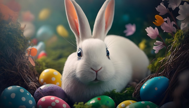 A bunny sits among easter eggs with a green background.