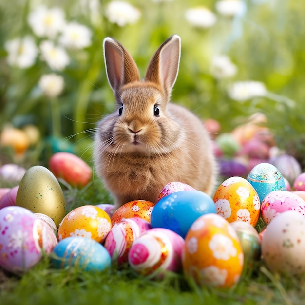 A bunny sits among easter eggs with a sign that says easter