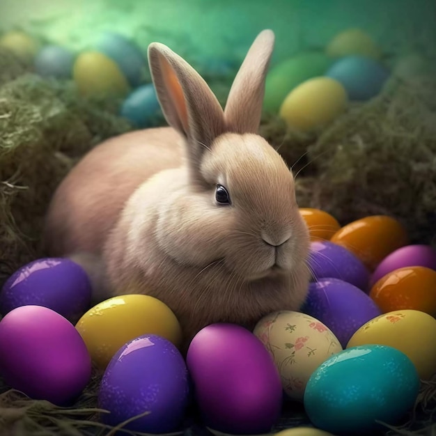 A bunny sits among easter eggs with the words happy easter on the bottom.