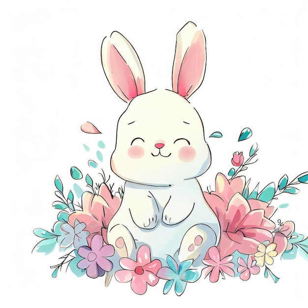 A bunny sits among flowers in a cartoon style