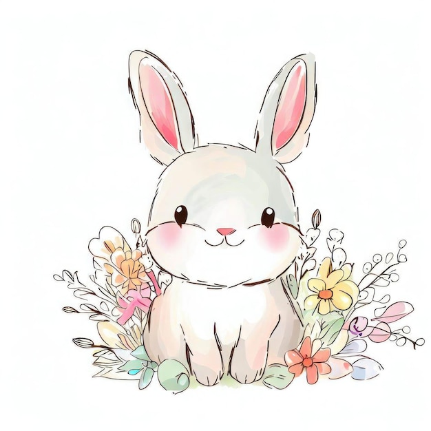 A bunny sits among flowers in a white background.