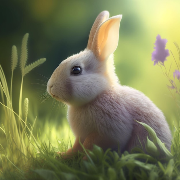 A bunny sits in the grass with purple flowers in the background.