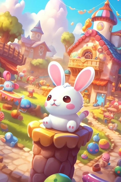 A bunny sits on a mushroom with a castle in the background.