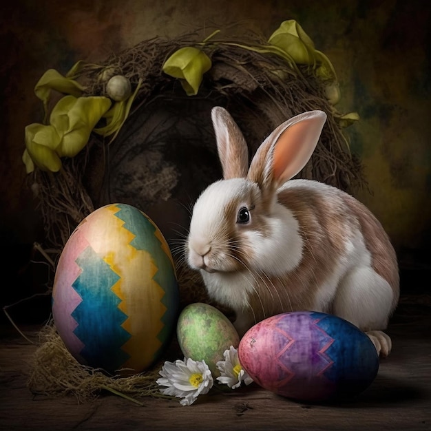 A bunny sits next to a nest with eggs and flowers.