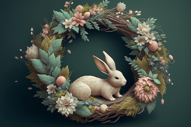 A bunny sits on a wreath of flowers.