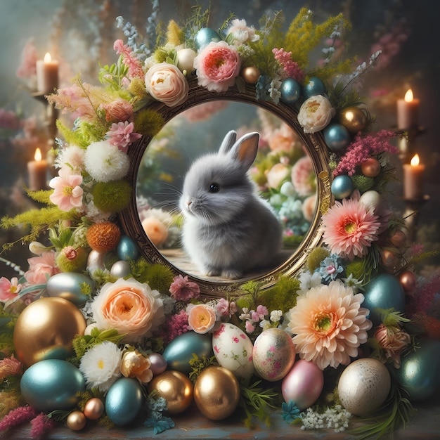 A bunny sitting in a nest with flowers