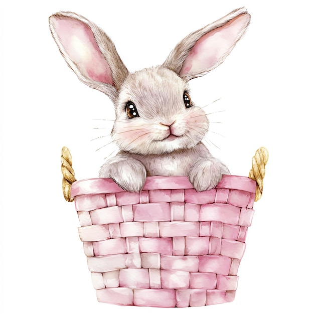 bunny sitting in a pink basket nuresery watercolor