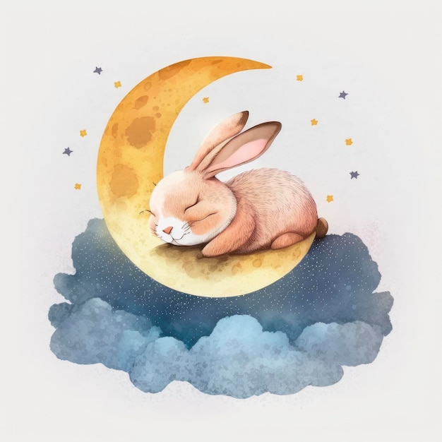 A bunny sleeping on a moon with the moon in the background.