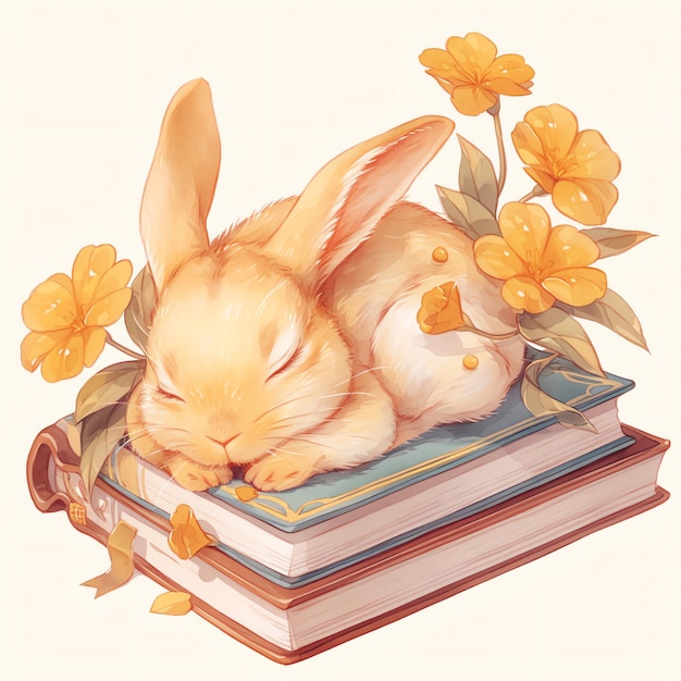 A bunny sleeping on top of a fantasy book watercolor cozy