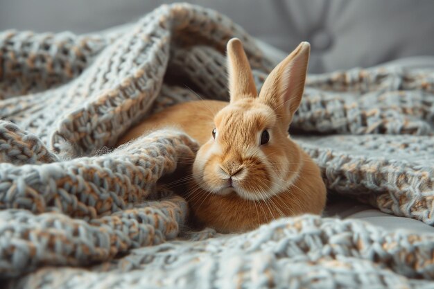 Photo bunny snuggled in a cozy blanket with a soft gray background cheerful animal portrait for cozy art enthusiasts