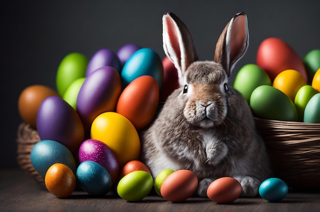 A bunny surrounded by colorful easter eggs