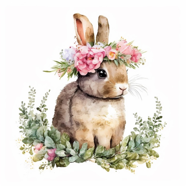 A bunny wearing a flower crown in a flower crown.