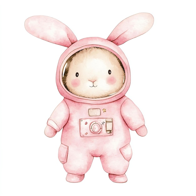 bunny wearing pink astronaut costume nuresery watercolor