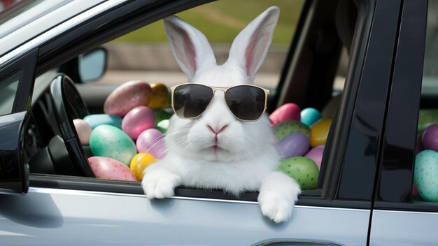 a bunny wearing sunglasses sits in a car with a bunny in it