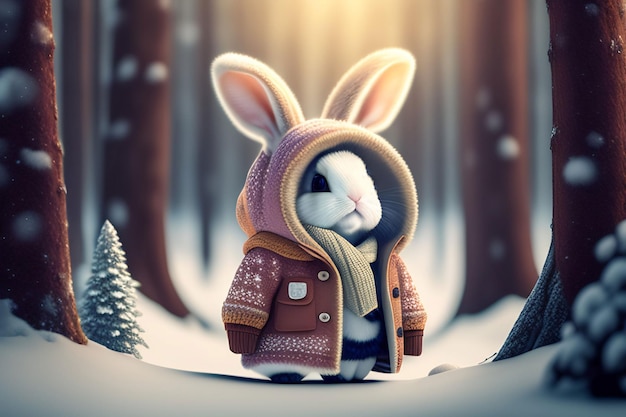 A bunny in a winter forest with snow on the ground