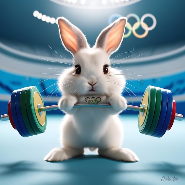 Photo a bunny with a barbell that says rabbit on it