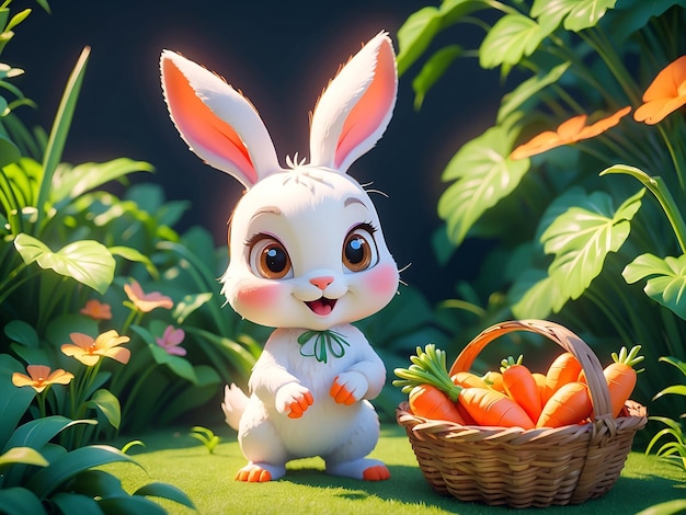 Bunny with a basket of carrots looking adorable