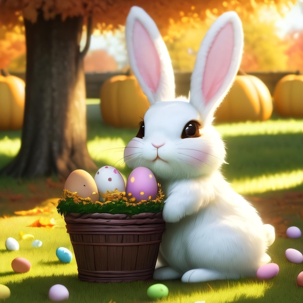 A bunny with a basket of easter eggs next to a pumpkin.