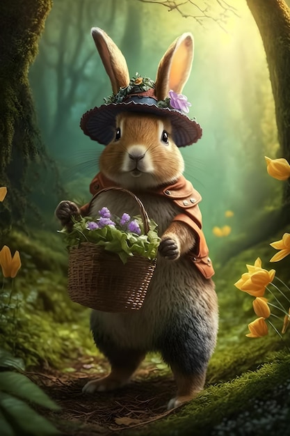 A bunny with a basket of flowers