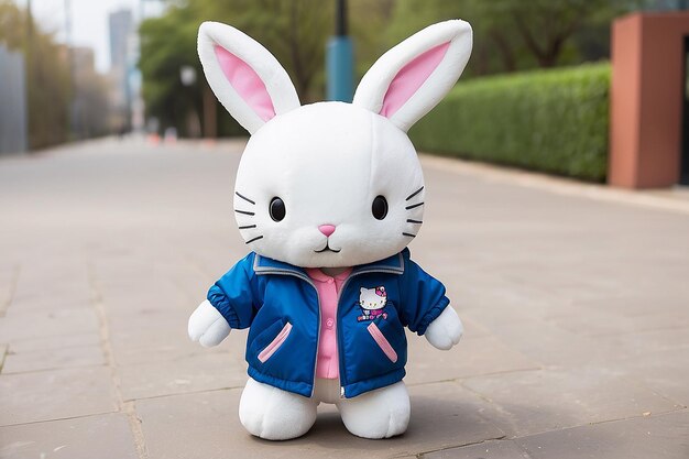 Photo a bunny with a blue jacket that says hello kitty