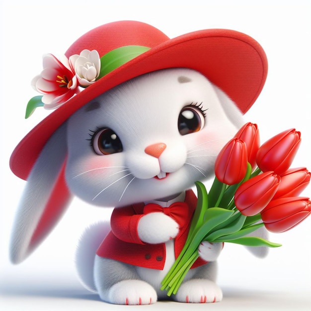 Bunny with a bouquet of red flowers Holiday card