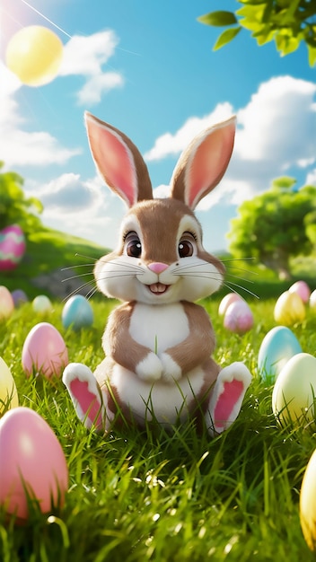 a bunny with a bunny rabbit in the grass with easter eggs in the background