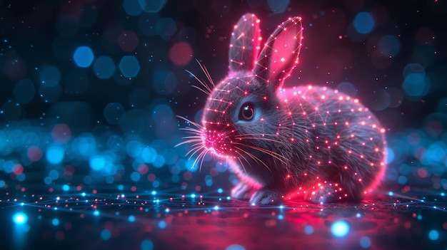 Photo bunny with easter eggs futuristic technology concept in dark and blue light modern illustration