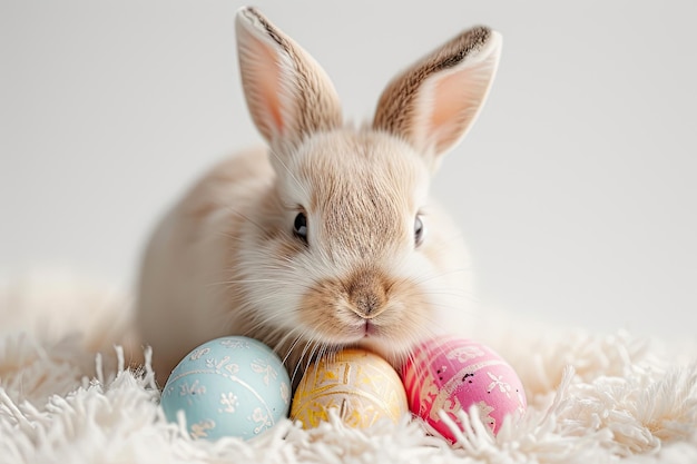 Bunny with Easter Eggs on Soft Blanket