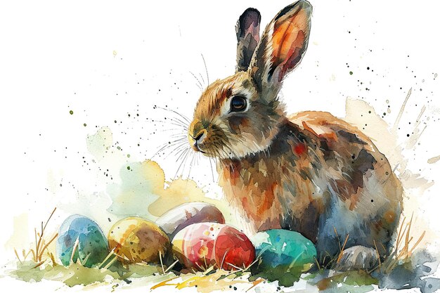 Bunny with Easter eggs watercolor illustration on white