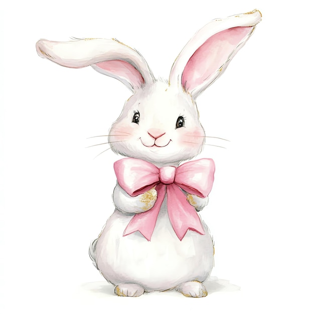 bunny with pink color bow nuresery watercolor