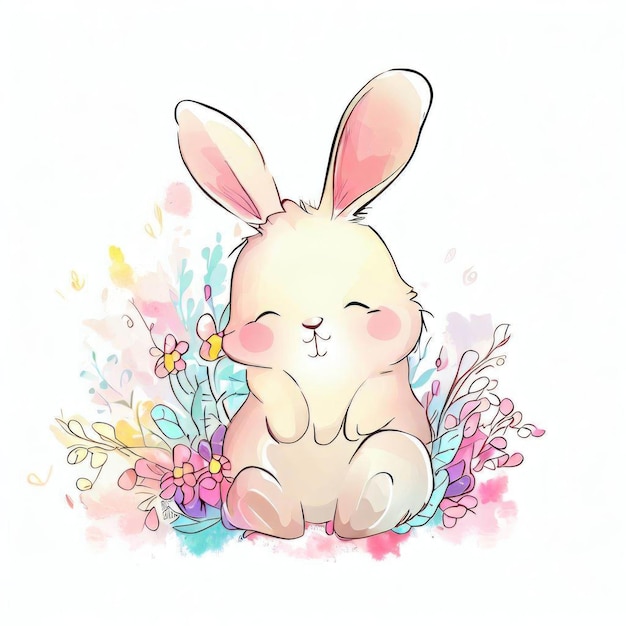 Bunny with a pink nose and a blue eyes sits in a flowery meadow.