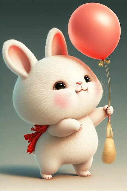 A bunny with a red balloon and a red heart.